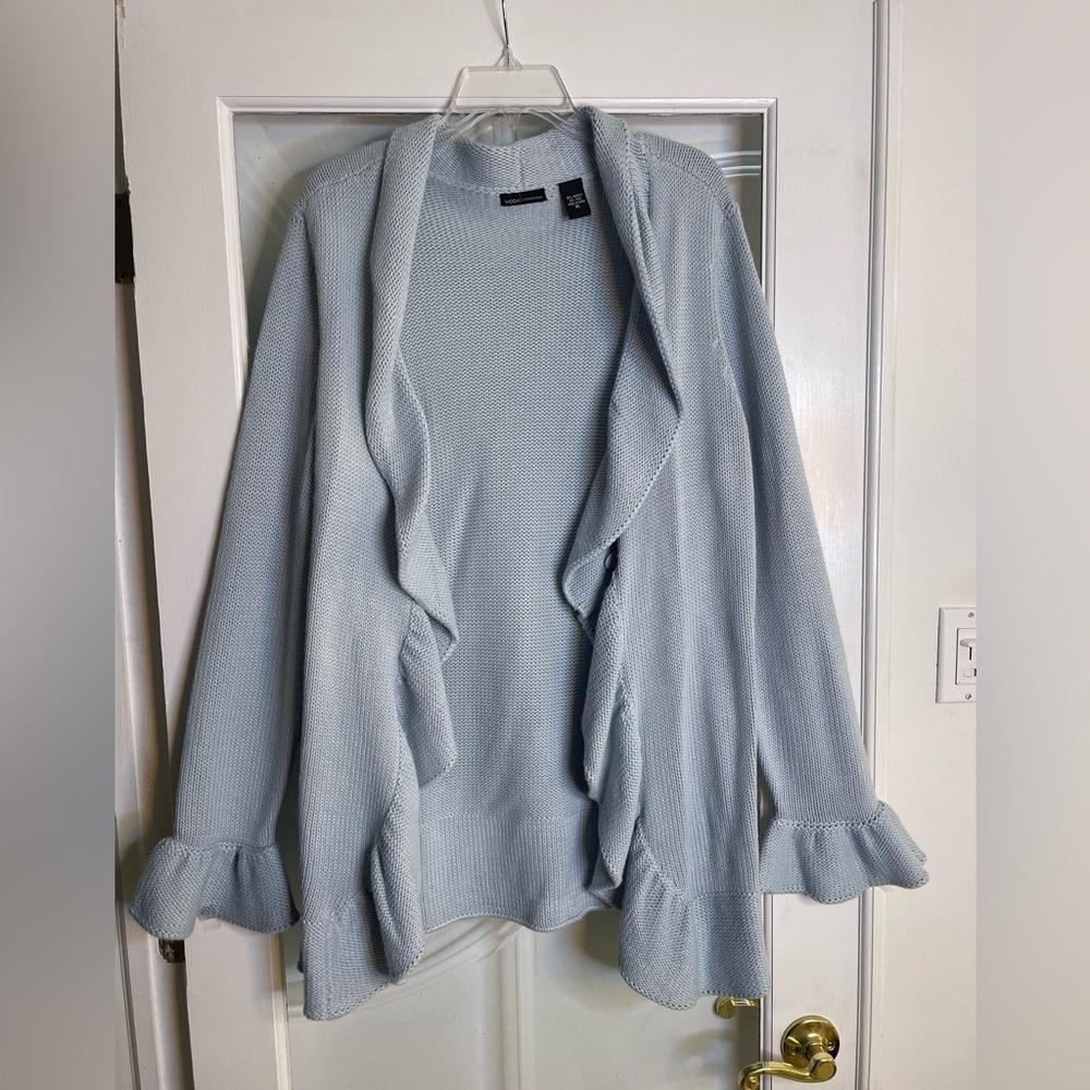 Moda Light Blue Ruffle-Trim Open Cardigan Sweater